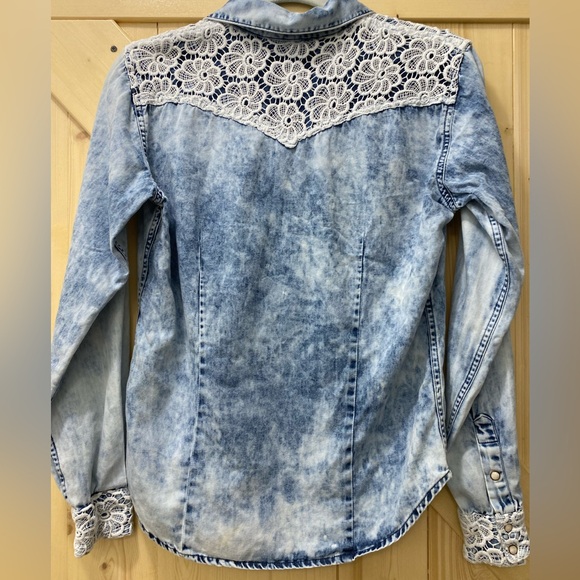 ❤️😍Panhandle Acid Wash Blue Tye Dye White Laced Collard Blue Jean Button Down - Picture 5 of 11